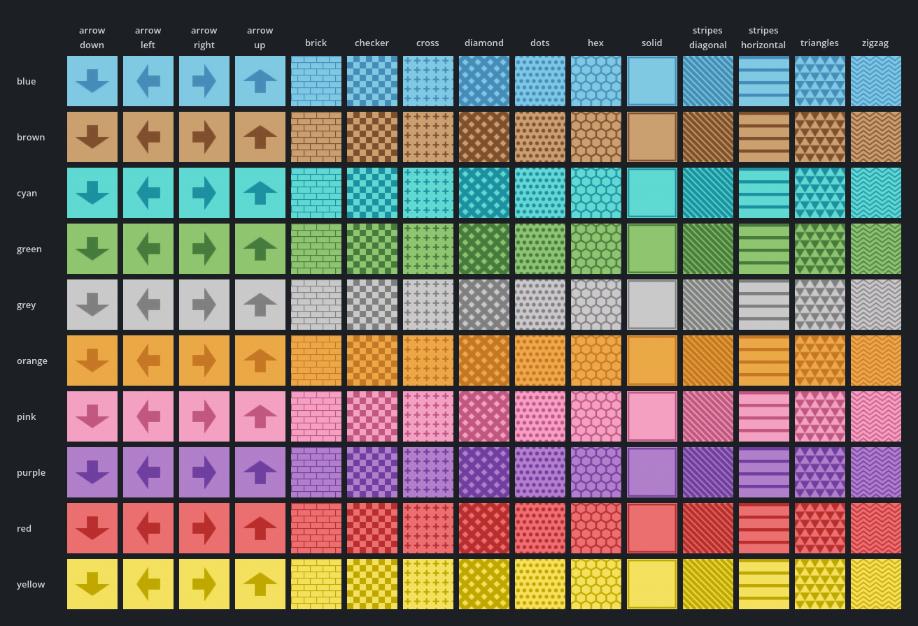 All 150 prototype textures: one column for each of the 15 patterns and one row for each of the 10 colors