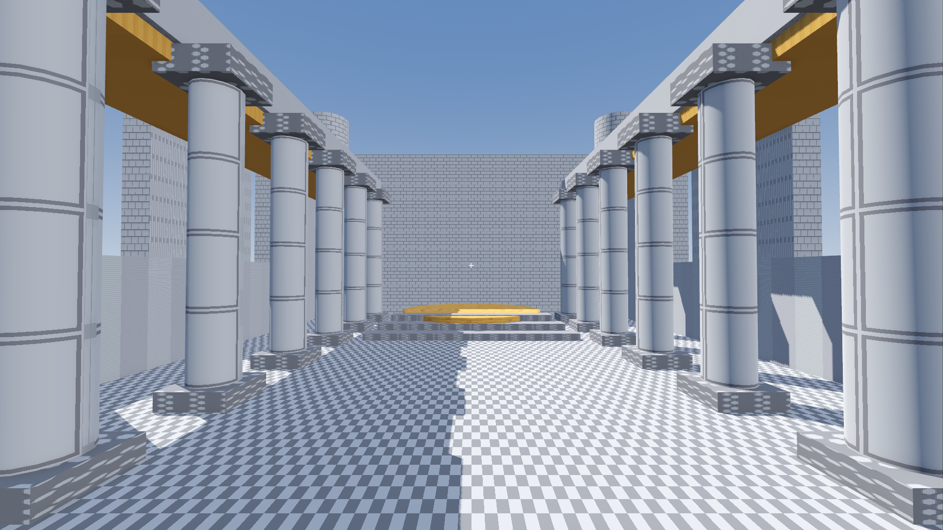 Interior of a HammerForge level: a colonnaded hall leading to a raised dais, with a galleried upper level