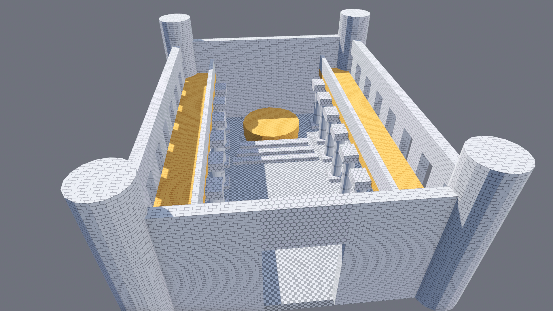 A HammerForge level seen from above: a rectangular hall with window bays along both side walls, corner towers, a colonnade and a galleried upper level