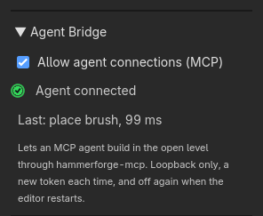 The Test tab's Agent Bridge section with an agent on it: the box ticked, the lamp green beside "Agent connected", and the agent's last command and its time under it