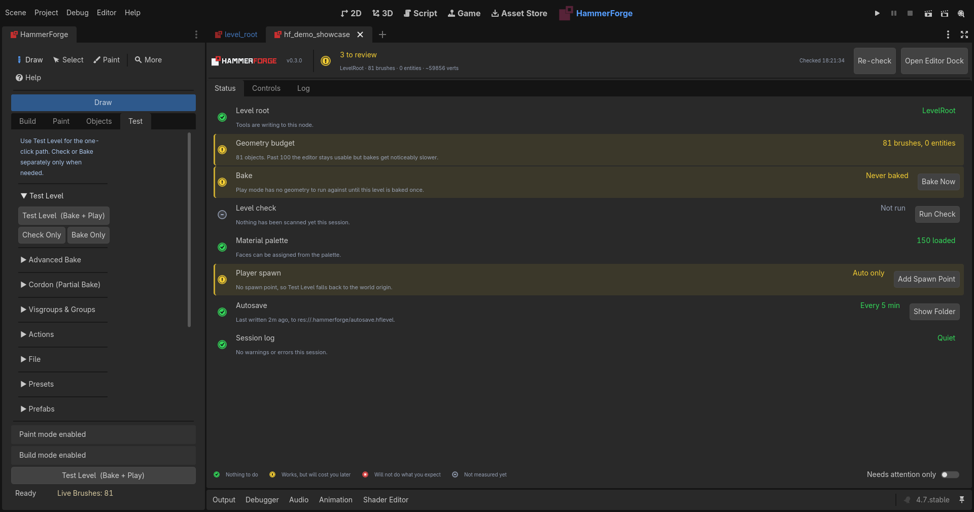 The HammerForge Console status board