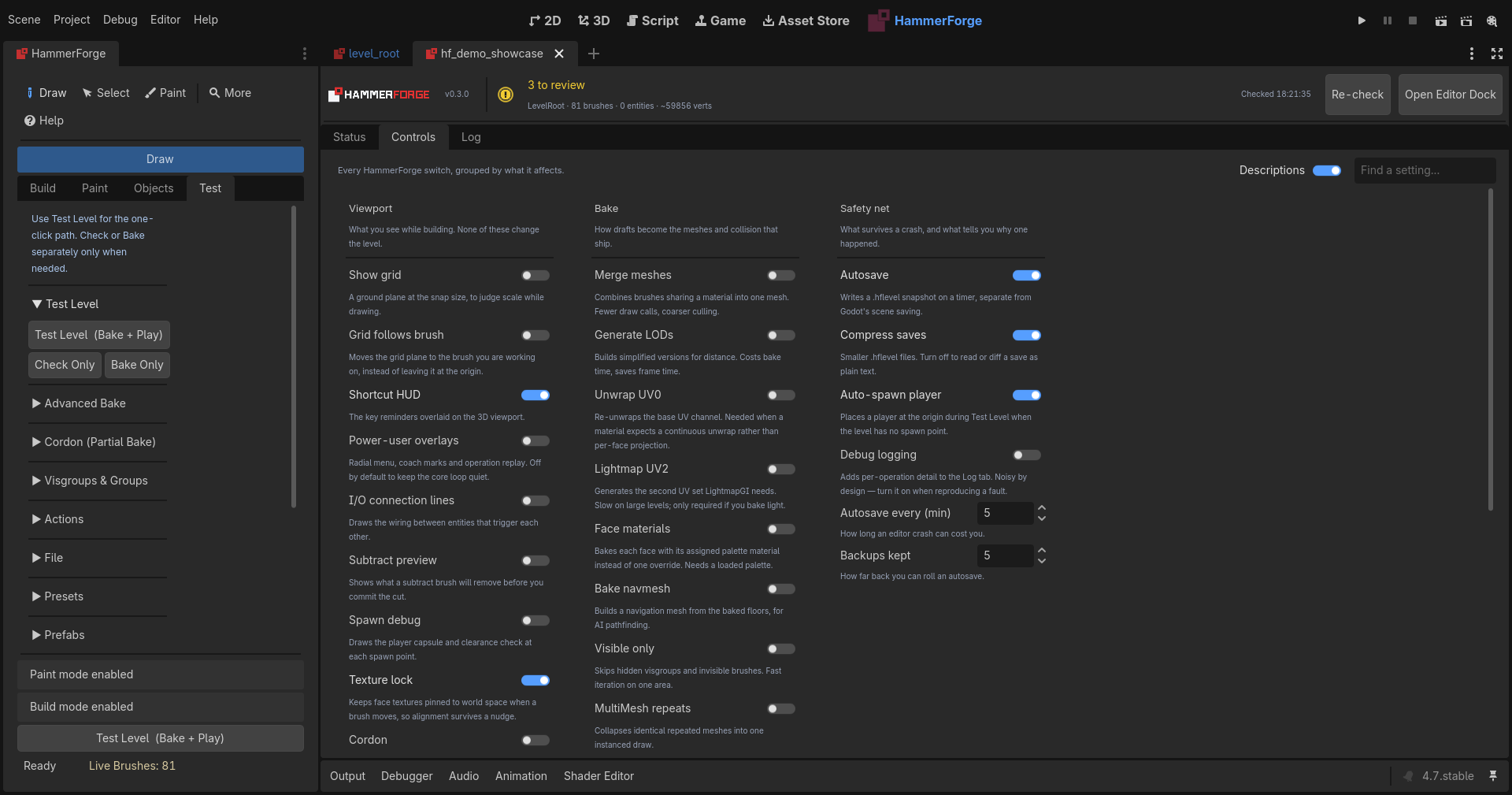 The HammerForge Console Controls tab, showing the Viewport, Bake and Safety net groups