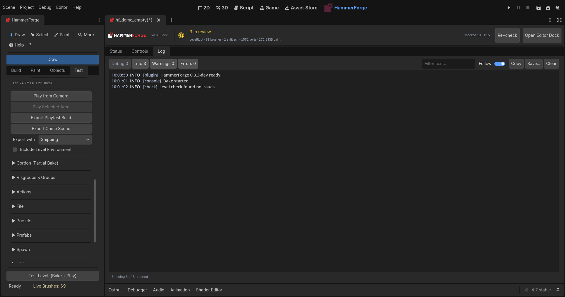 The Console Log tab, filtered by level, with the bake and the level check from this session