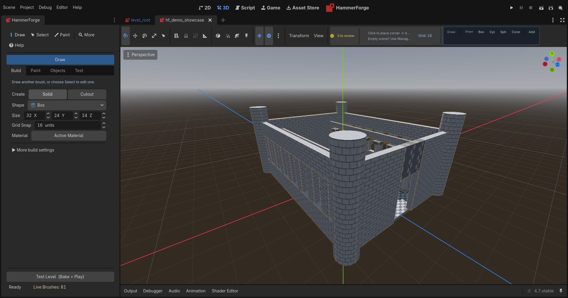 The HammerForge dock and viewport inside the Godot editor