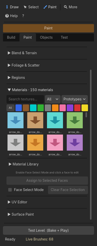The Paint tab's Materials section: search, pattern and colour filters, and a grid of prototype thumbnails with the palette buttons under it