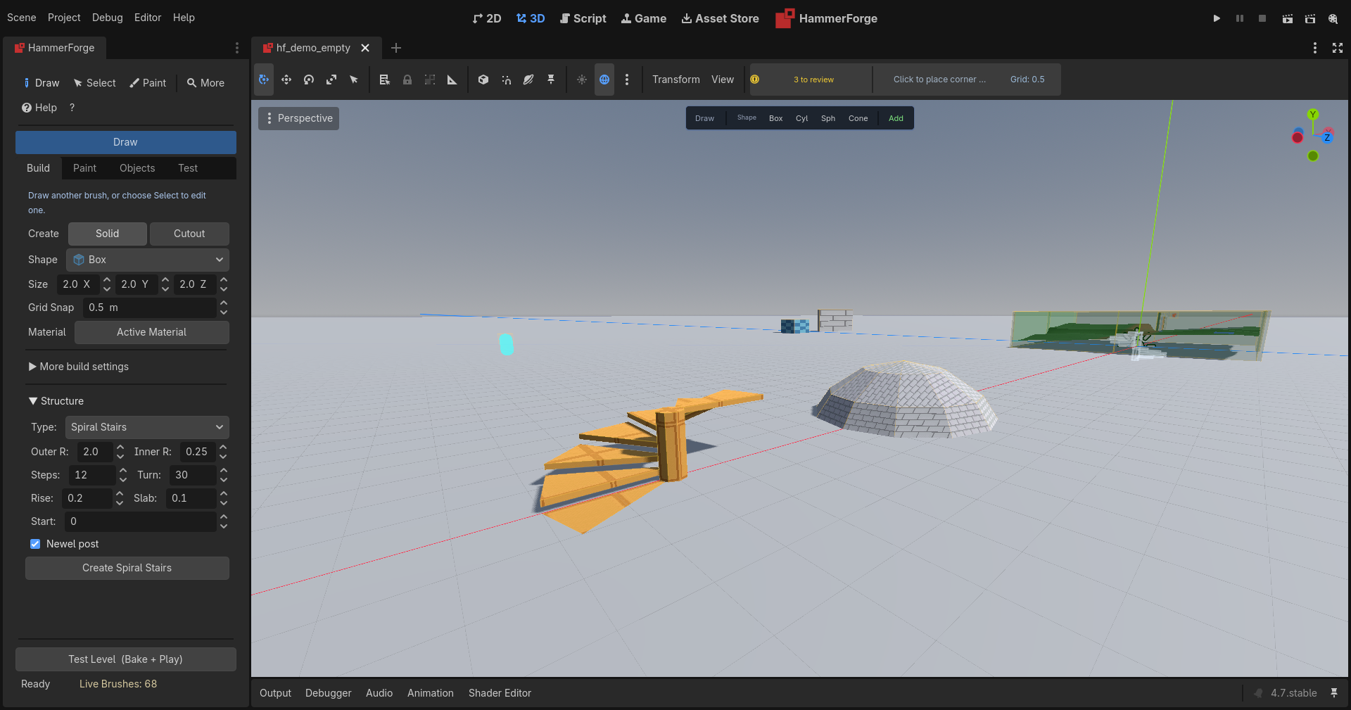 The Structure section set to Spiral Stairs beside a spiral staircase and a dome built from it