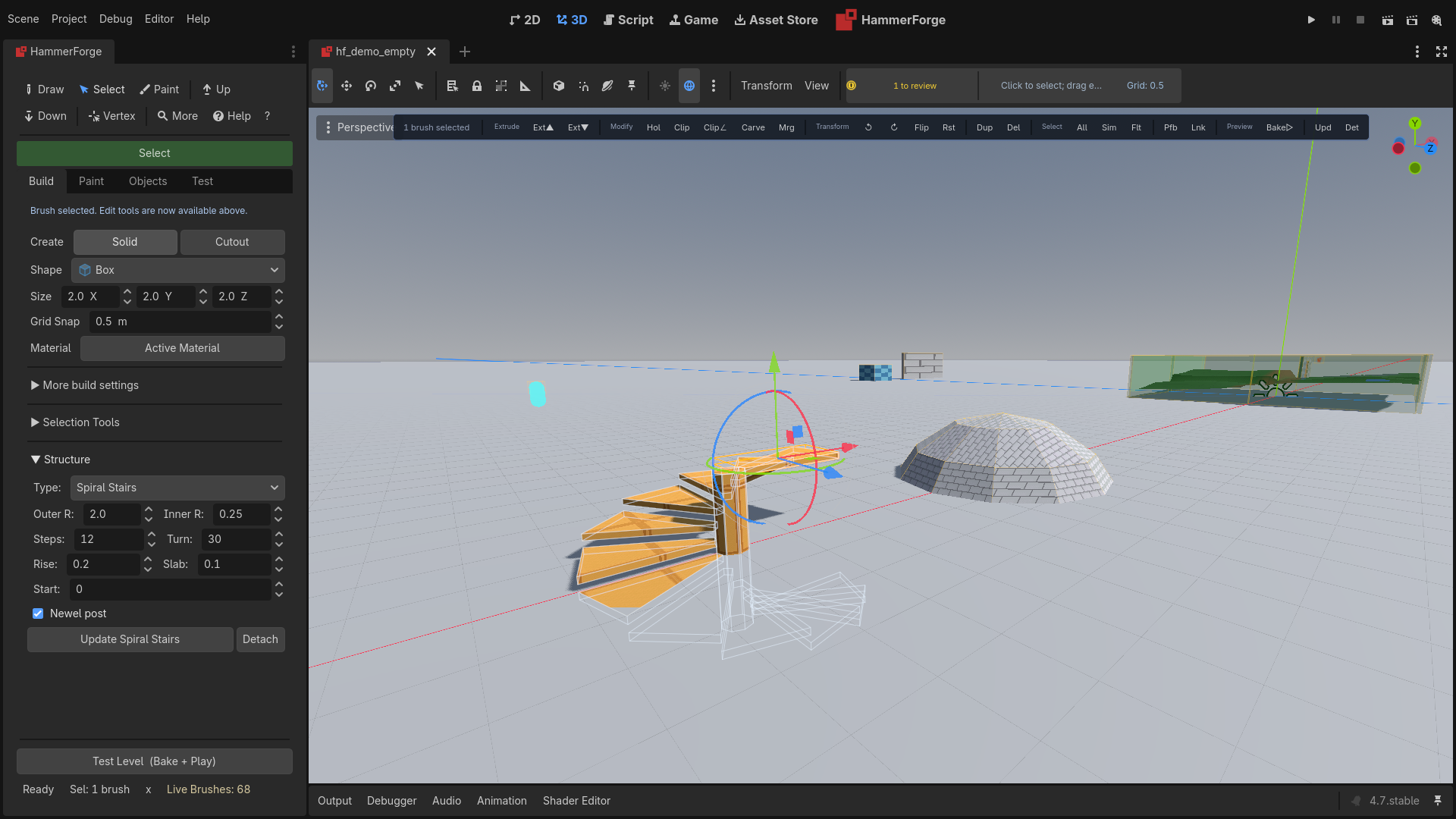 A tread of the spiral staircase selected: the Structure section reads Update Spiral Stairs with Detach beside it, and the viewport toolbar ends in Upd and Det