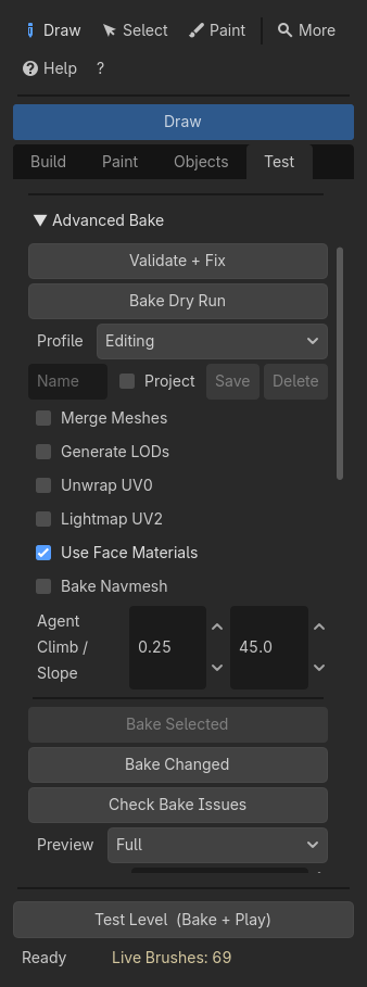 Test, Advanced Bake: Validate and Fix, Bake Dry Run, the bake profile, and the bake switches
