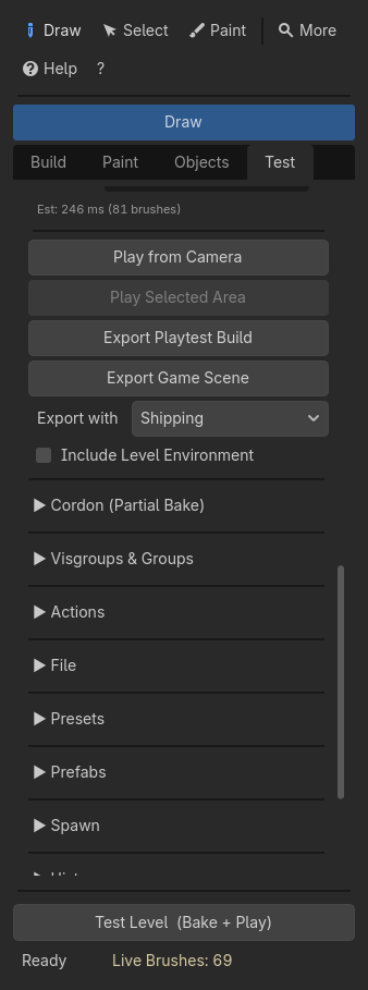 Test, Advanced Bake: Export Game Scene, the Export with profile set to Shipping, and Include Level Environment
