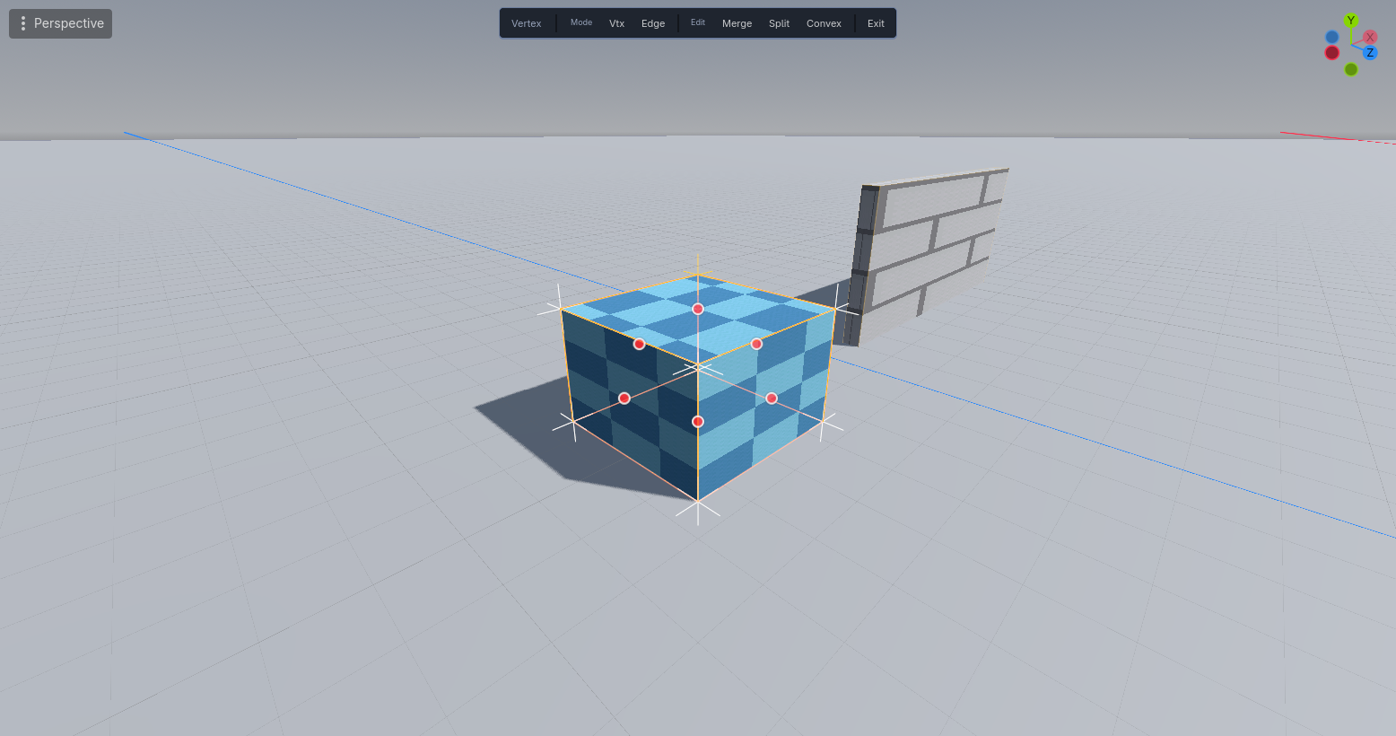 Vertex mode on a box: a cross at each corner and the box's edges, with the Vertex toolbar above
